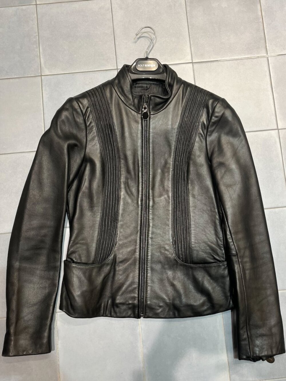 Elie Tahari Black Vintage Leather Moto Jacket Ribbed Panels Zip Front SZ XS